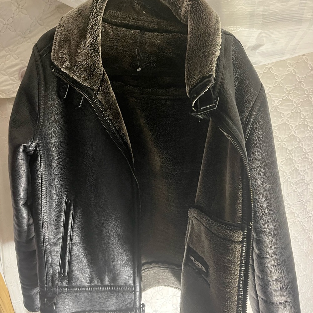 Karl Lagerfeld Black Leather Jacket with Fur Collar